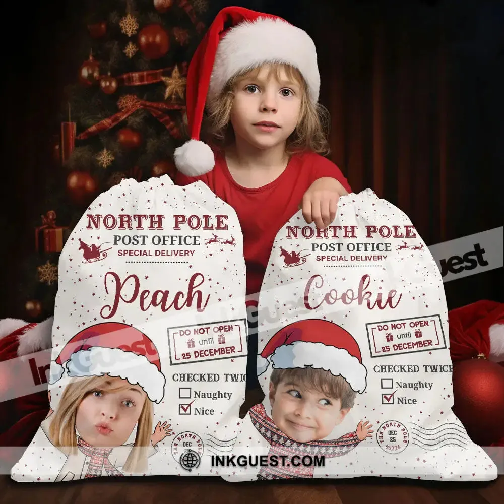 North Pole Post Office Special Delivery Face Photo- Personalized String Bag, Christmas Gift, Gift For Family