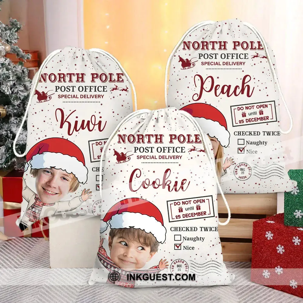 North Pole Post Office Special Delivery Face Photo- Personalized String Bag, Christmas Gift, Gift For Family