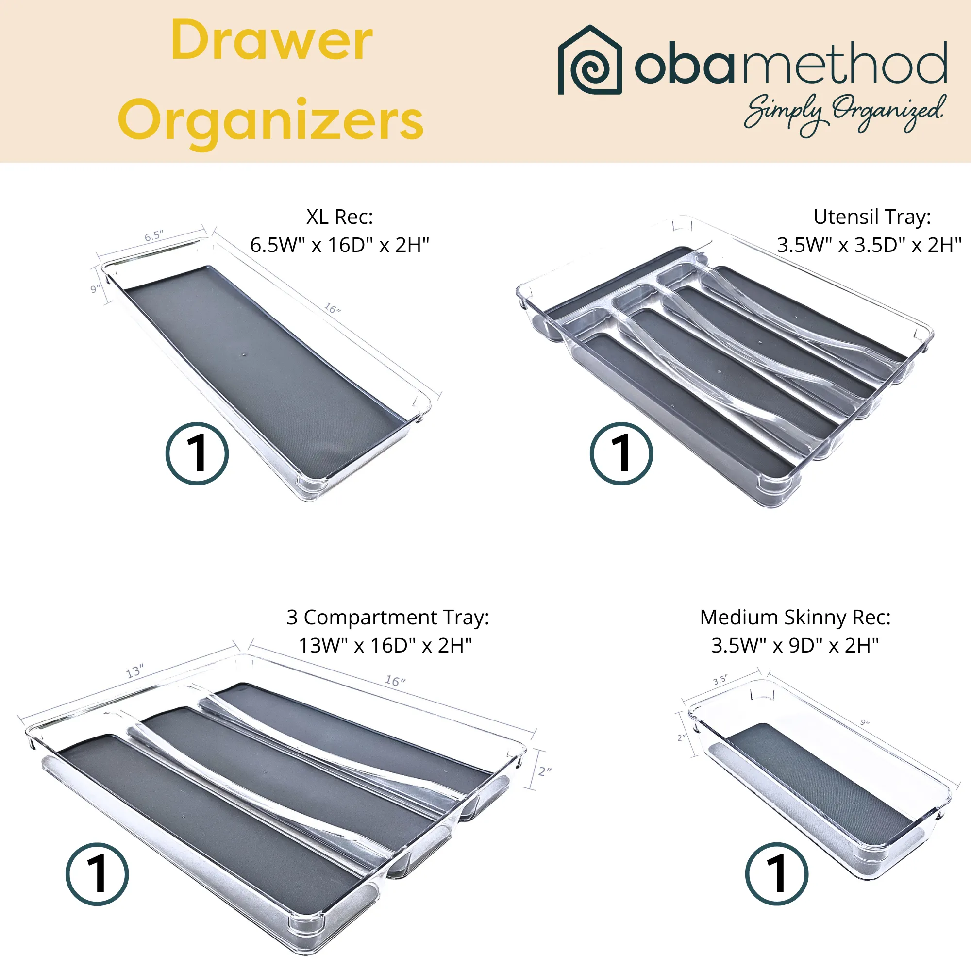 Organized Drawer Large Trays, Set of 4 – 3 Compartment Tray, Utensil Tray, XL Rectangle Tray, Medium/Skinny Tray
