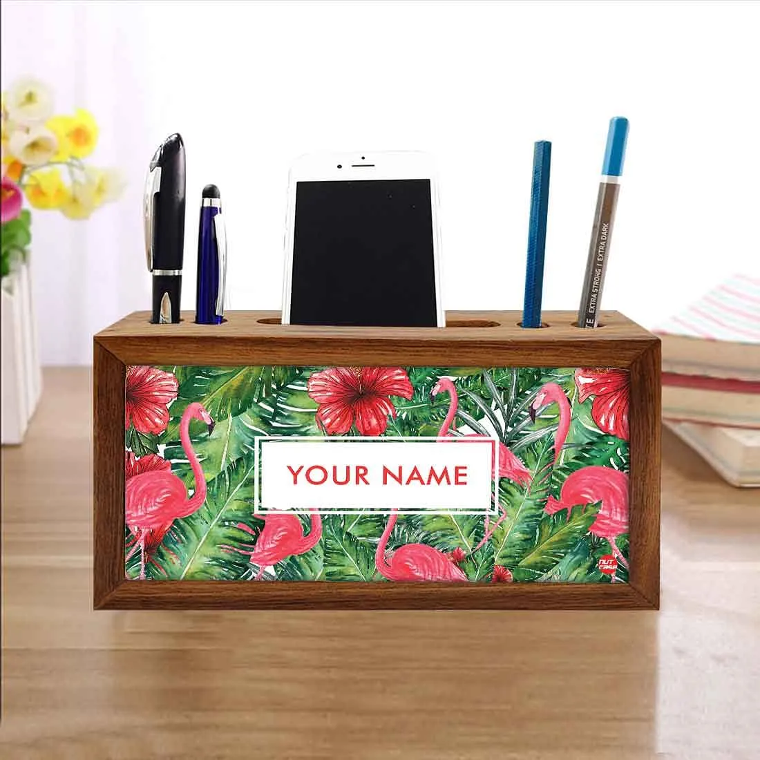 Personalized Wooden Table Organizer - Hibiscus and Flamingo