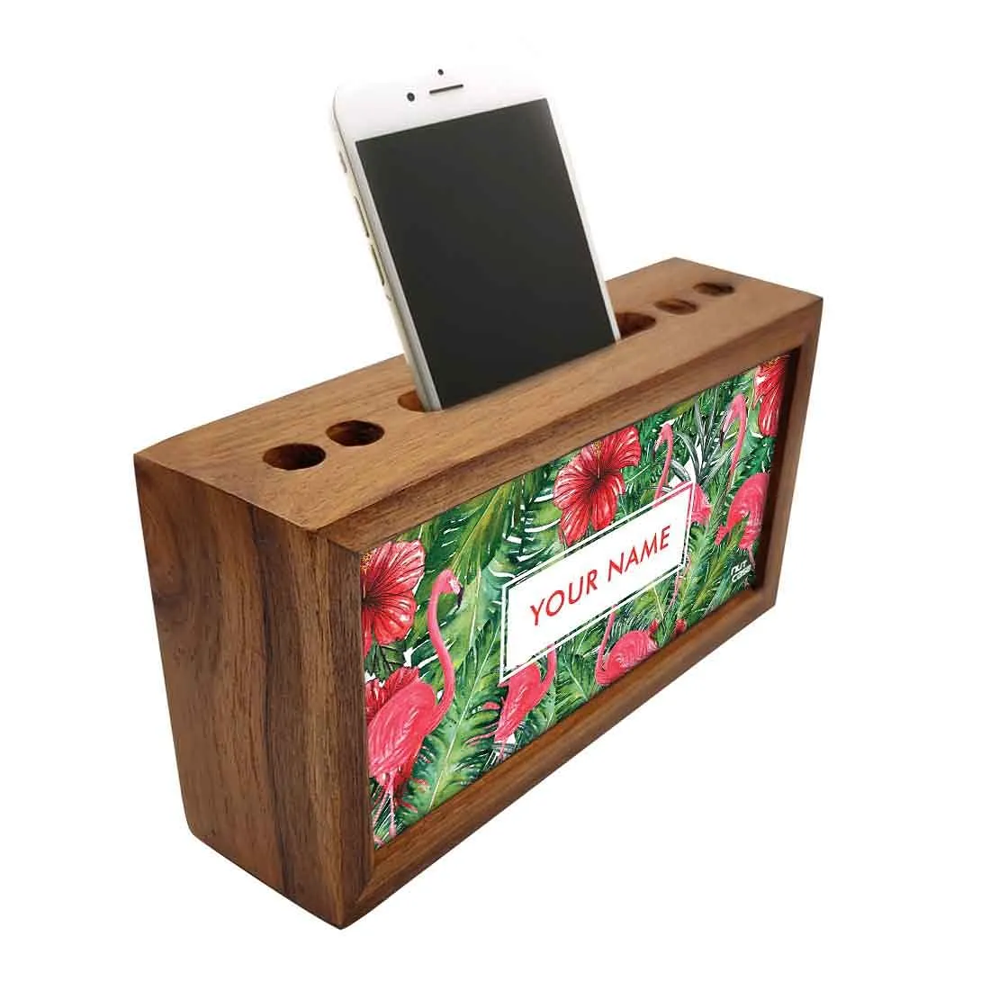 Personalized Wooden Table Organizer - Hibiscus and Flamingo