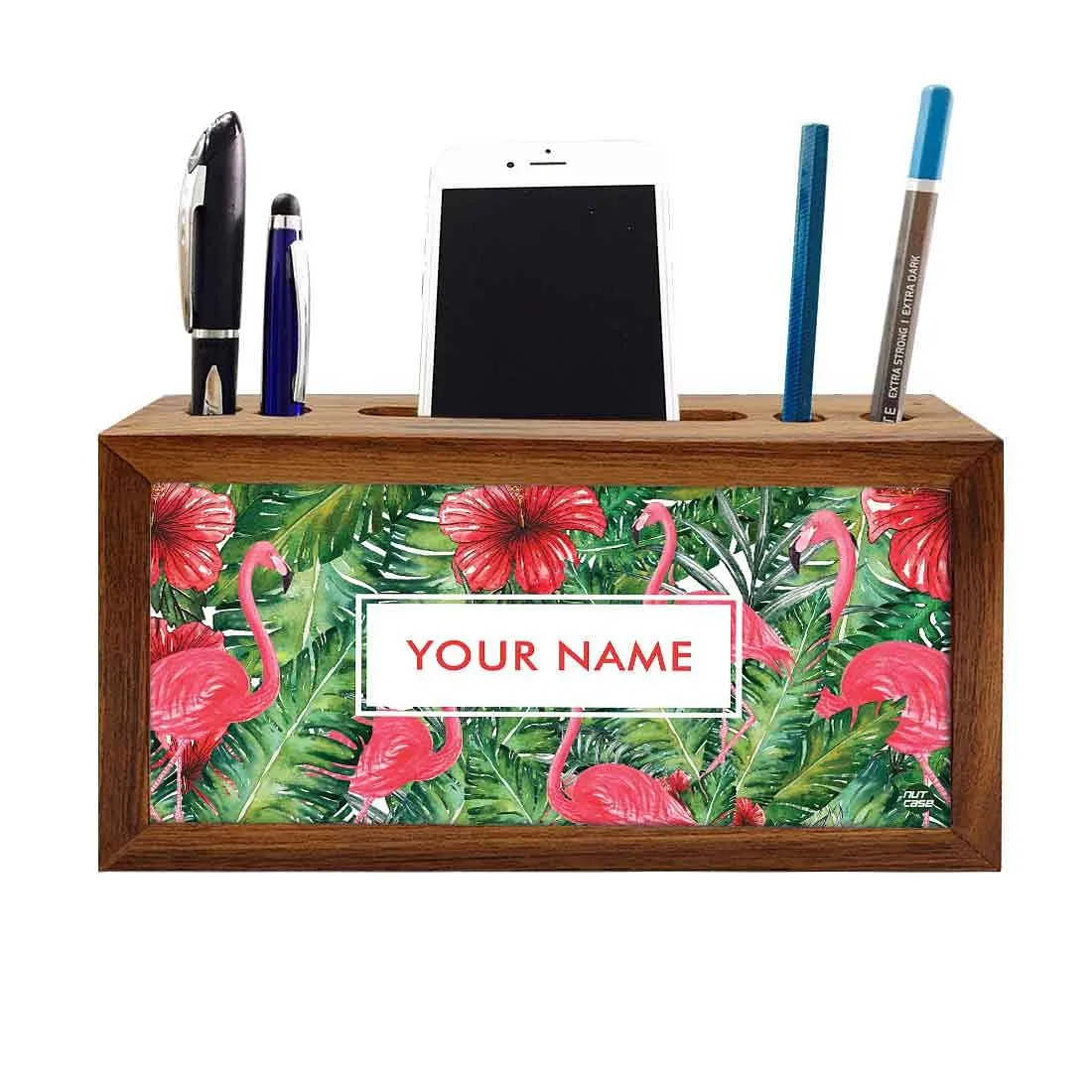 Personalized Wooden Table Organizer - Hibiscus and Flamingo