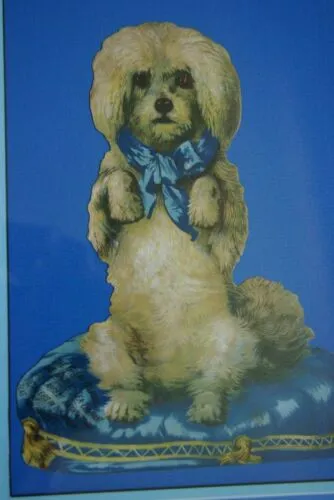 RARE EPHEMERA AMERICANA ANTIQUE, FRAMED ORIGINAL 1880 LARGE VICTORIAN TRADE CARD AD EPHEMERA DIE-CUT POODLE 17 ¾” x 11 ¾” DFPO1F WHIMSICAL ART, ARTIST HAND PAINTED FRAME