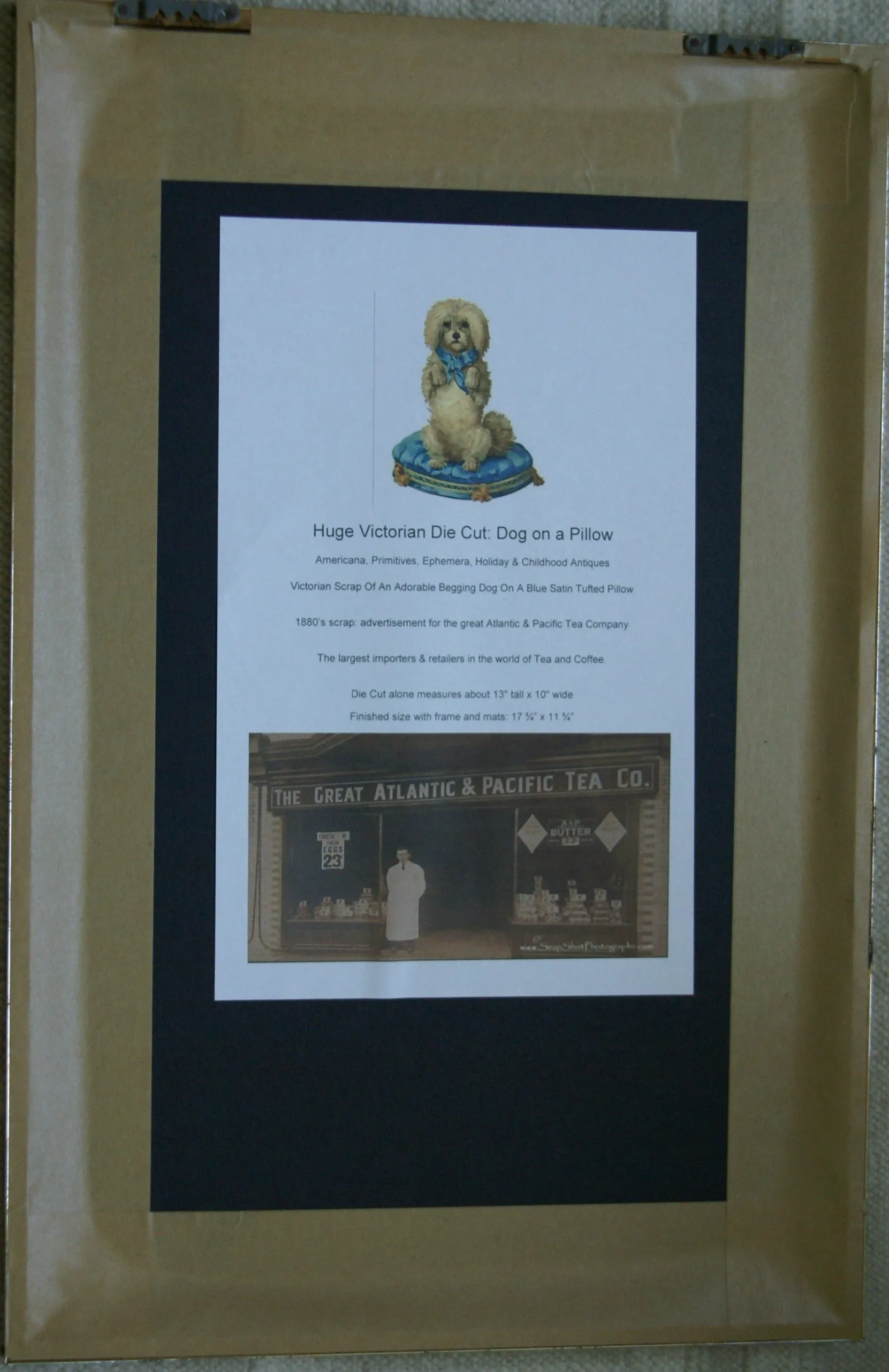 RARE EPHEMERA AMERICANA ANTIQUE, FRAMED ORIGINAL 1880 LARGE VICTORIAN TRADE CARD AD EPHEMERA DIE-CUT POODLE 17 ¾” x 11 ¾” DFPO1F WHIMSICAL ART, ARTIST HAND PAINTED FRAME