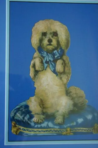 RARE EPHEMERA AMERICANA ANTIQUE, FRAMED ORIGINAL 1880 LARGE VICTORIAN TRADE CARD AD EPHEMERA DIE-CUT POODLE 17 ¾” x 11 ¾” DFPO1F WHIMSICAL ART, ARTIST HAND PAINTED FRAME