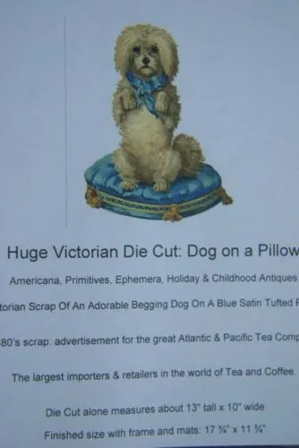 RARE EPHEMERA AMERICANA ANTIQUE, FRAMED ORIGINAL 1880 LARGE VICTORIAN TRADE CARD AD EPHEMERA DIE-CUT POODLE 17 ¾” x 11 ¾” DFPO1F WHIMSICAL ART, ARTIST HAND PAINTED FRAME