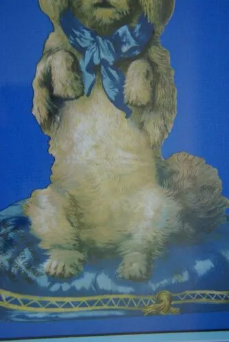RARE EPHEMERA AMERICANA ANTIQUE, FRAMED ORIGINAL 1880 LARGE VICTORIAN TRADE CARD AD EPHEMERA DIE-CUT POODLE 17 ¾” x 11 ¾” DFPO1F WHIMSICAL ART, ARTIST HAND PAINTED FRAME