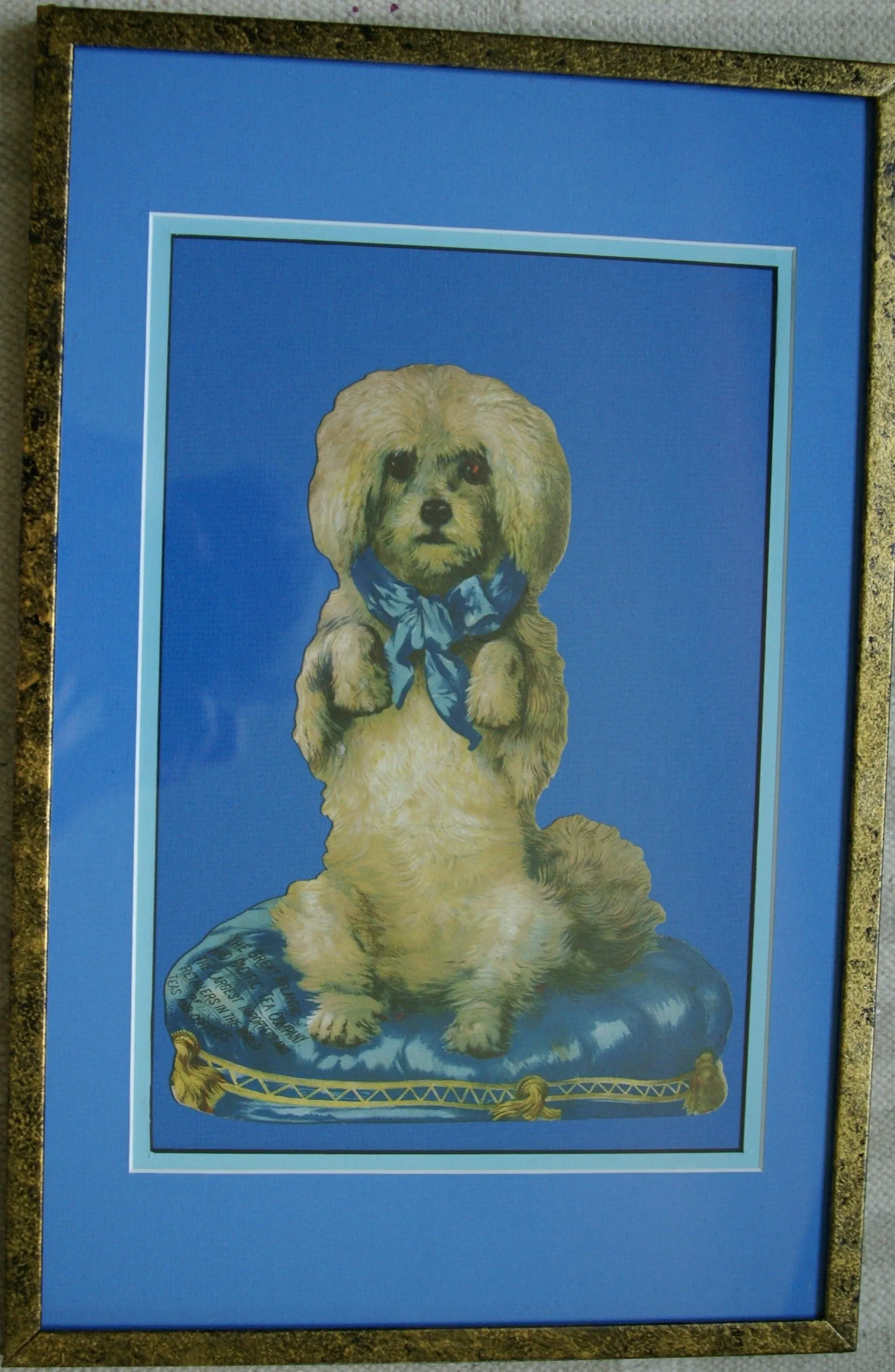 RARE EPHEMERA AMERICANA ANTIQUE, FRAMED ORIGINAL 1880 LARGE VICTORIAN TRADE CARD AD EPHEMERA DIE-CUT POODLE 17 ¾” x 11 ¾” DFPO1F WHIMSICAL ART, ARTIST HAND PAINTED FRAME
