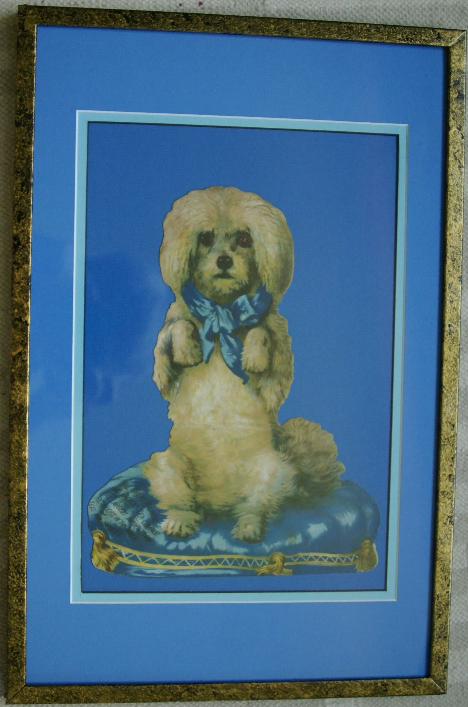 RARE EPHEMERA AMERICANA ANTIQUE, FRAMED ORIGINAL 1880 LARGE VICTORIAN TRADE CARD AD EPHEMERA DIE-CUT POODLE 17 ¾” x 11 ¾” DFPO1F WHIMSICAL ART, ARTIST HAND PAINTED FRAME