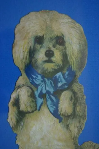 RARE EPHEMERA AMERICANA ANTIQUE, FRAMED ORIGINAL 1880 LARGE VICTORIAN TRADE CARD AD EPHEMERA DIE-CUT POODLE 17 ¾” x 11 ¾” DFPO1F WHIMSICAL ART, ARTIST HAND PAINTED FRAME