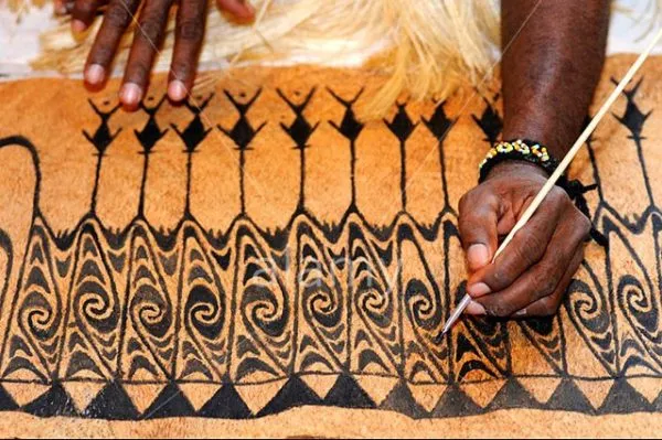 Rare Tapa Kapa Bark Cloth (Called Kapa in Hawaii), from Lake Sentani, Irian Jaya, Papua New Guinea. Hand painted with natural pigments by a Tribal Artist: Abstract Geometric Stylized Fish & Eel Motifs 16.25" x 25" (no 41)