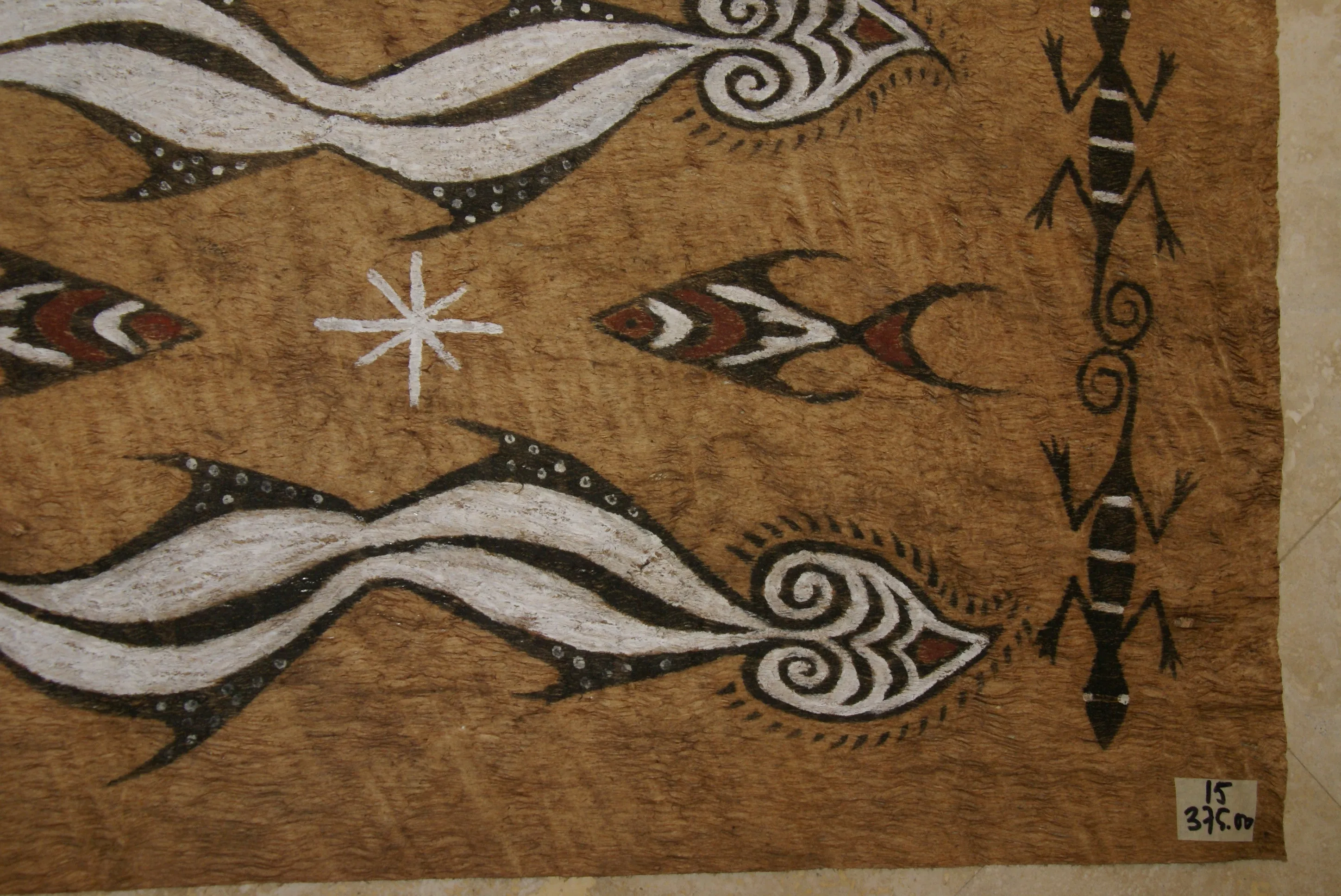 Rare Tapa Kapa Bark Cloth (Called Kapa in Hawaii), from Lake Sentani, Irian Jaya, Papua New Guinea. Hand painted with natural pigments by a Tribal Artist: Abstract Geometric Stylized Fish & Eel Motifs 16.25" x 25" (no 41)