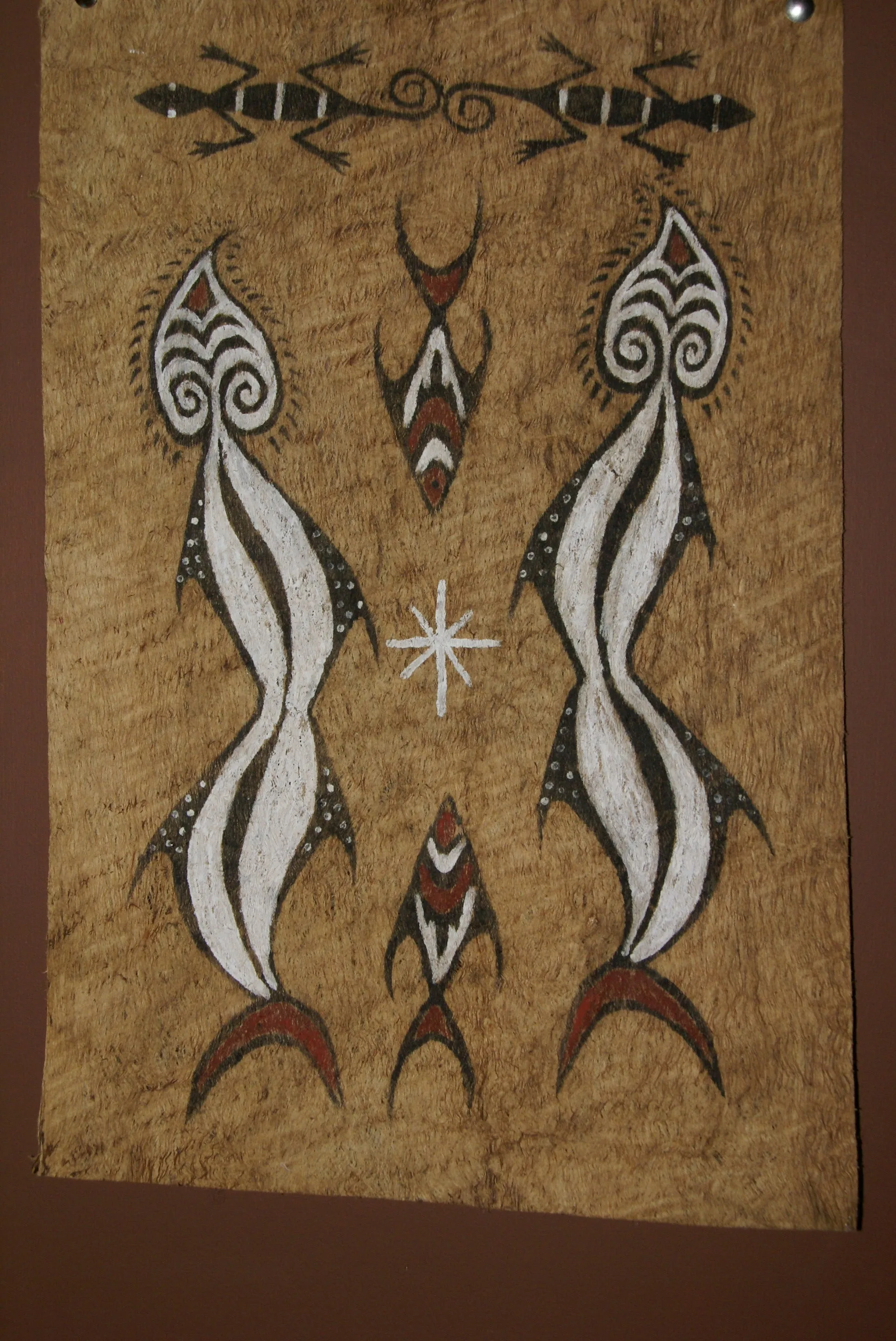 Rare Tapa Kapa Bark Cloth (Called Kapa in Hawaii), from Lake Sentani, Irian Jaya, Papua New Guinea. Hand painted with natural pigments by a Tribal Artist: Abstract Geometric Stylized Fish & Eel Motifs 16.25" x 25" (no 41)