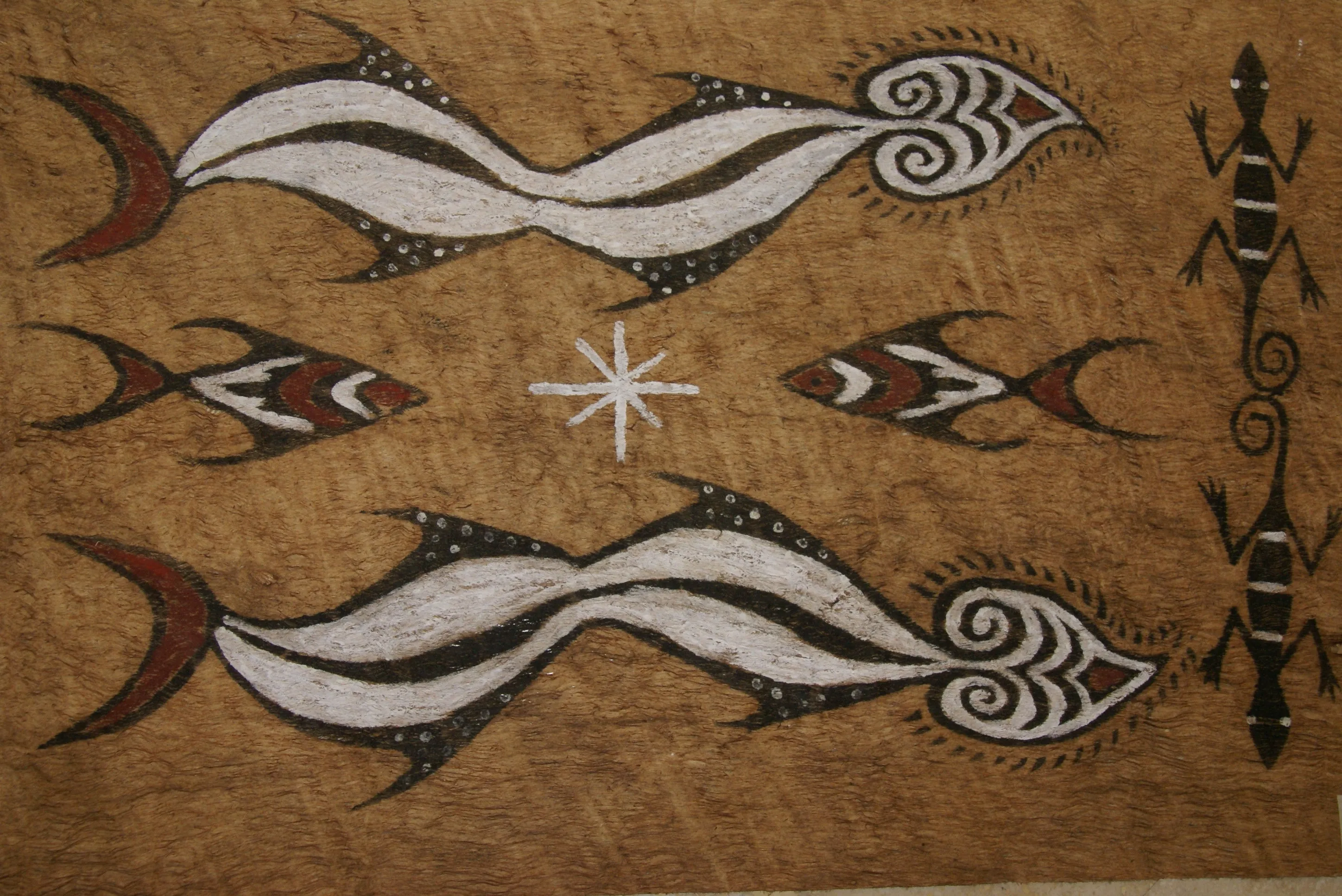 Rare Tapa Kapa Bark Cloth (Called Kapa in Hawaii), from Lake Sentani, Irian Jaya, Papua New Guinea. Hand painted with natural pigments by a Tribal Artist: Abstract Geometric Stylized Fish & Eel Motifs 16.25" x 25" (no 41)