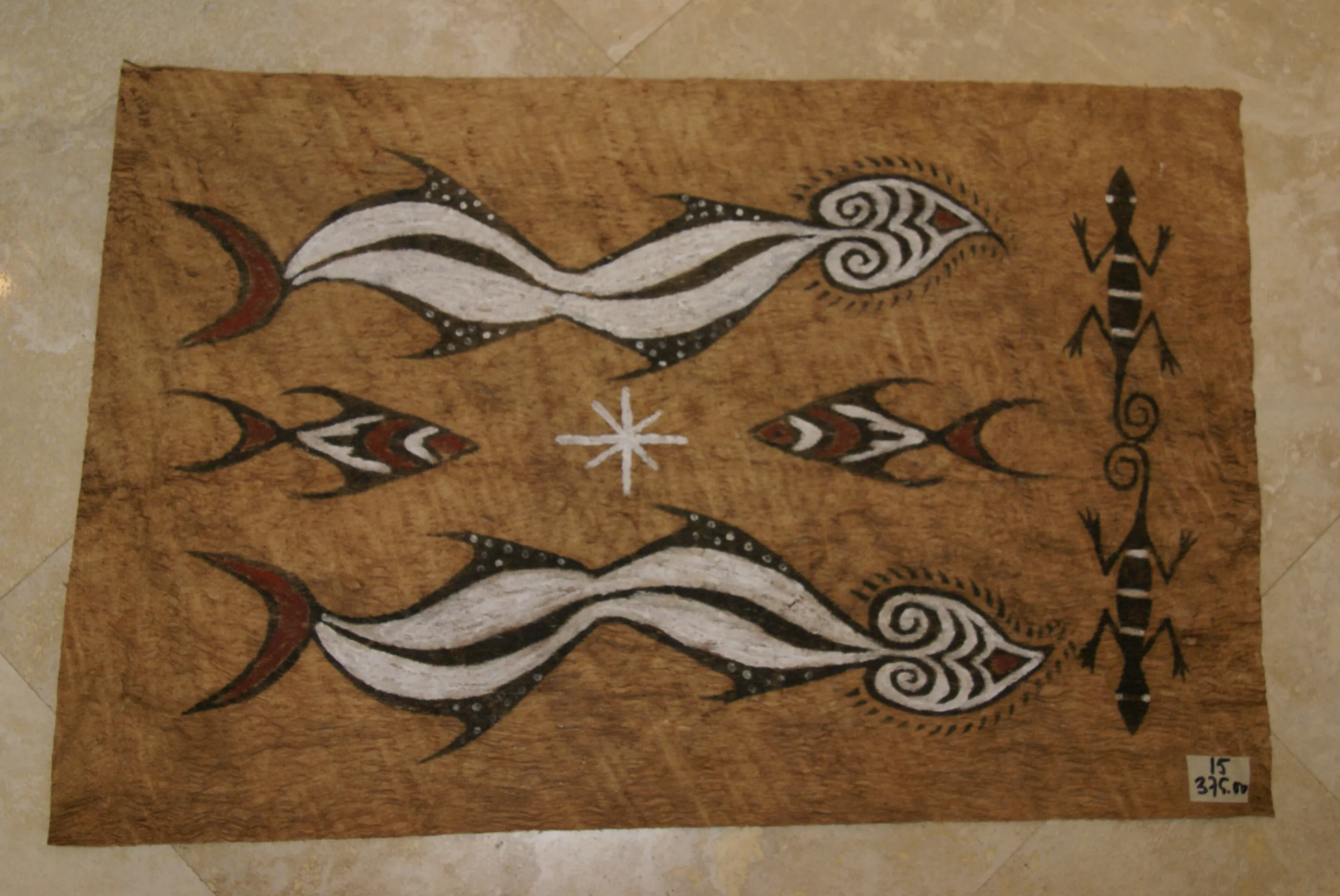 Rare Tapa Kapa Bark Cloth (Called Kapa in Hawaii), from Lake Sentani, Irian Jaya, Papua New Guinea. Hand painted with natural pigments by a Tribal Artist: Abstract Geometric Stylized Fish & Eel Motifs 16.25" x 25" (no 41)