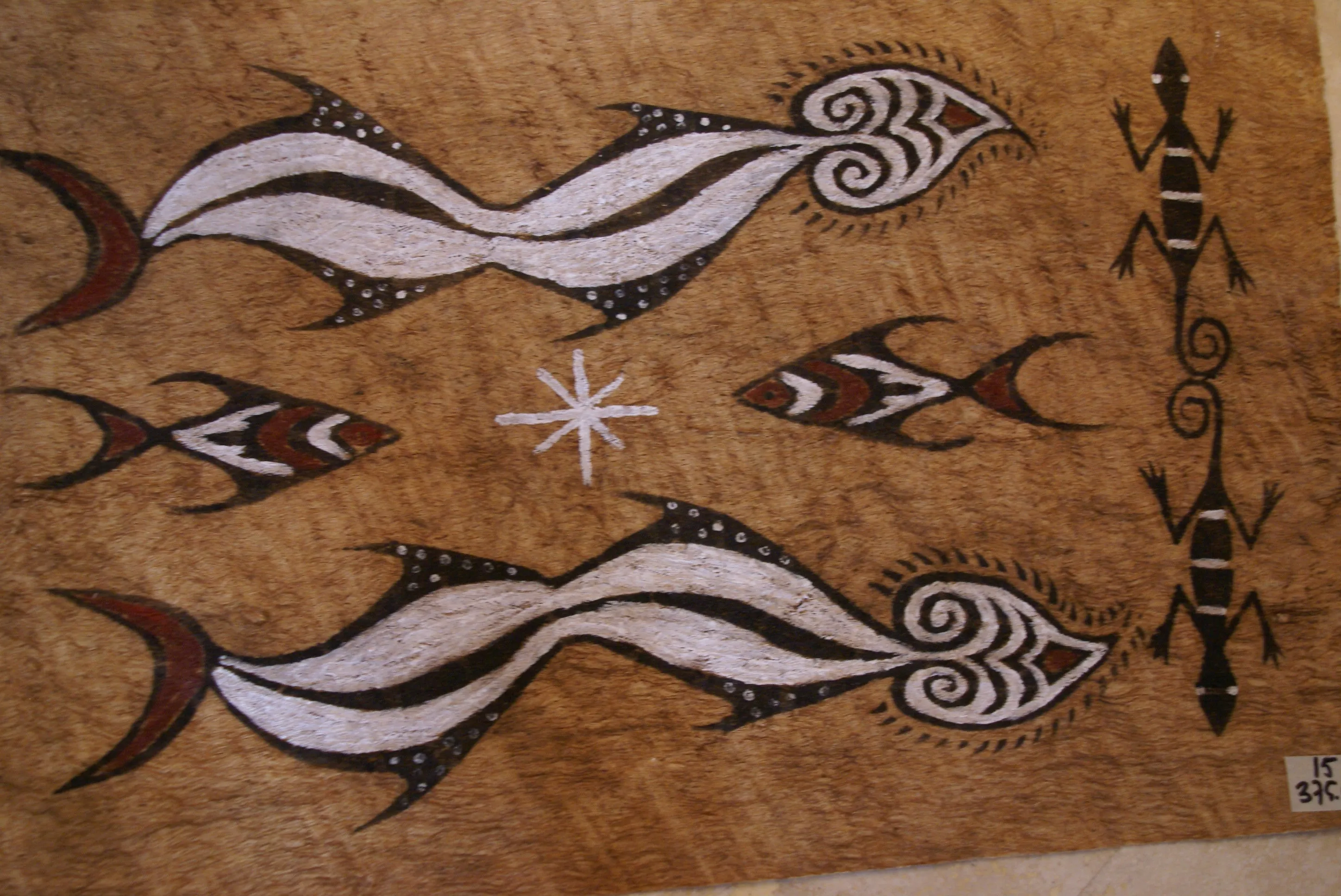 Rare Tapa Kapa Bark Cloth (Called Kapa in Hawaii), from Lake Sentani, Irian Jaya, Papua New Guinea. Hand painted with natural pigments by a Tribal Artist: Abstract Geometric Stylized Fish & Eel Motifs 16.25" x 25" (no 41)
