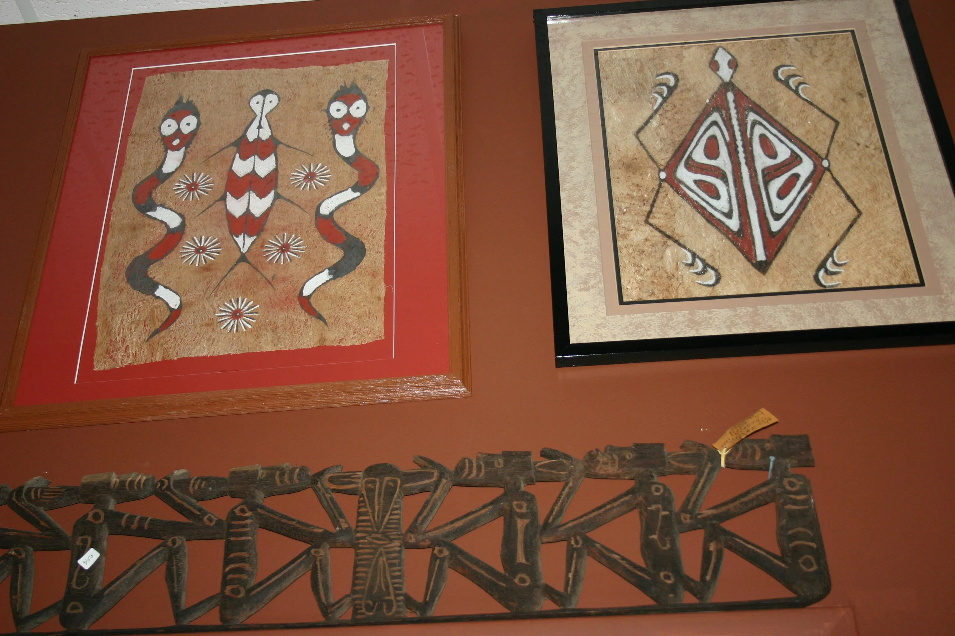 Rare Tapa Kapa Bark Cloth (Called Kapa in Hawaii), from Lake Sentani, Irian Jaya, Papua New Guinea. Hand painted with natural pigments by a Tribal Artist: Abstract Geometric Stylized Fish & Eel Motifs 16.25" x 25" (no 41)