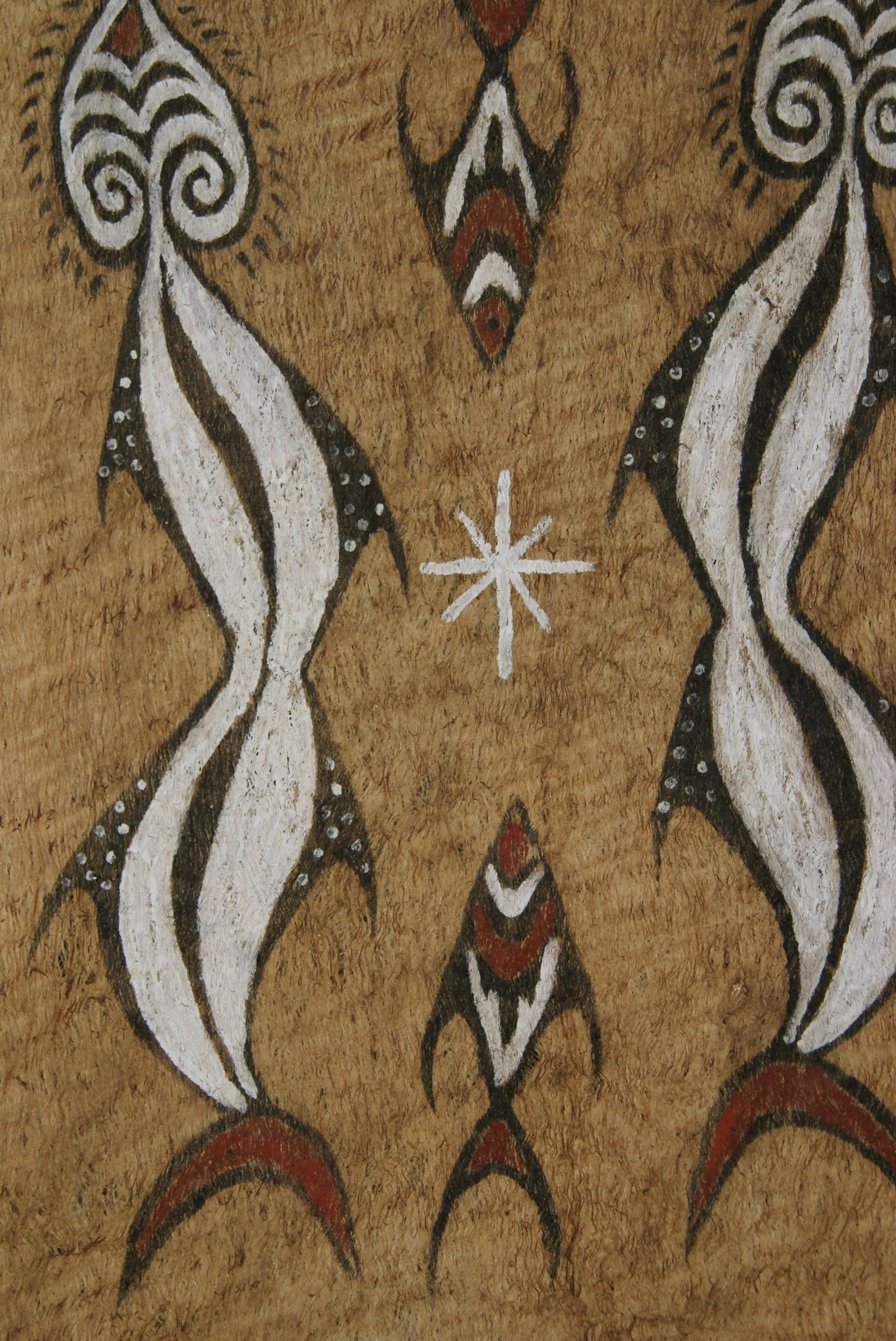 Rare Tapa Kapa Bark Cloth (Called Kapa in Hawaii), from Lake Sentani, Irian Jaya, Papua New Guinea. Hand painted with natural pigments by a Tribal Artist: Abstract Geometric Stylized Fish & Eel Motifs 16.25" x 25" (no 41)