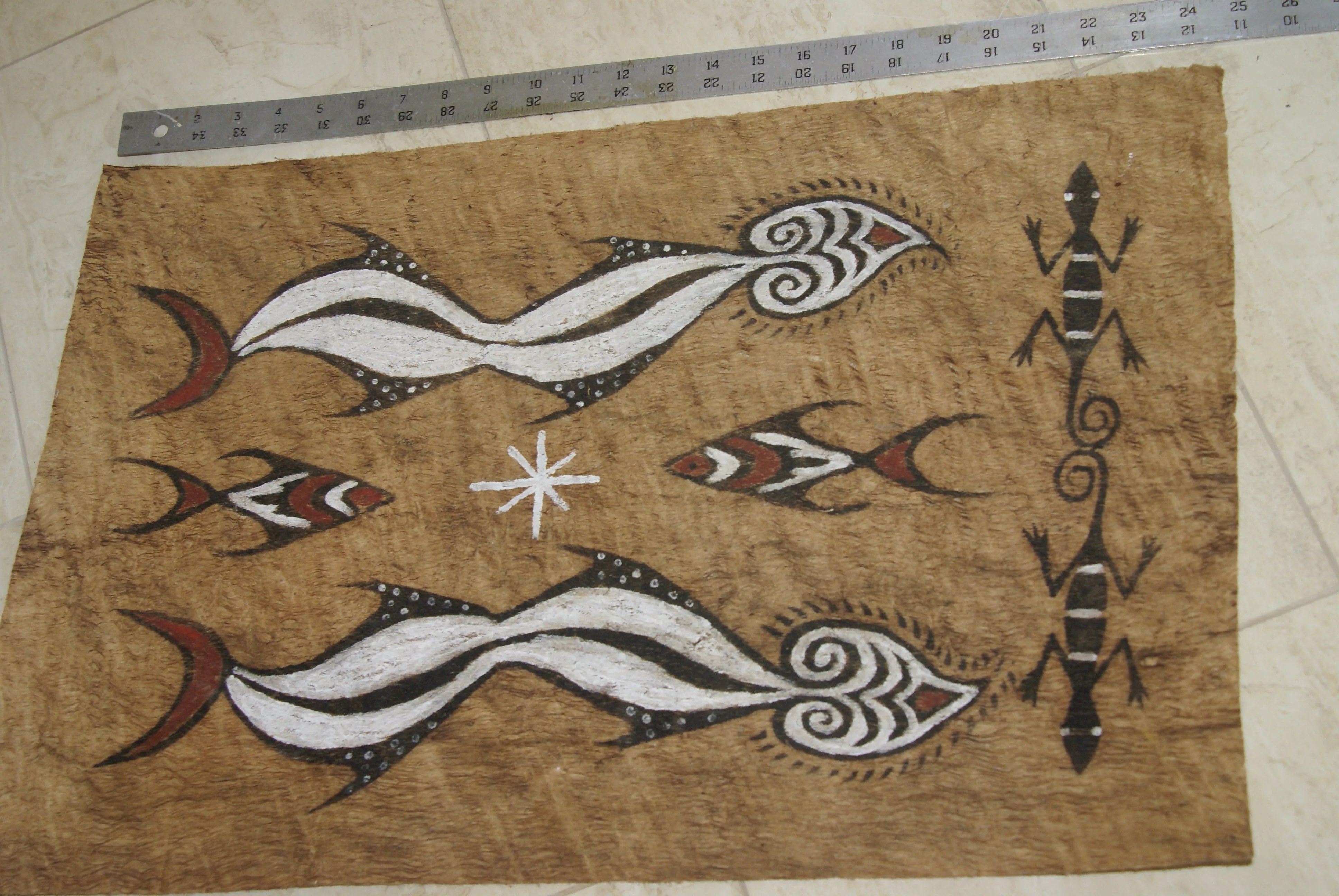Rare Tapa Kapa Bark Cloth (Called Kapa in Hawaii), from Lake Sentani, Irian Jaya, Papua New Guinea. Hand painted with natural pigments by a Tribal Artist: Abstract Geometric Stylized Fish & Eel Motifs 16.25" x 25" (no 41)