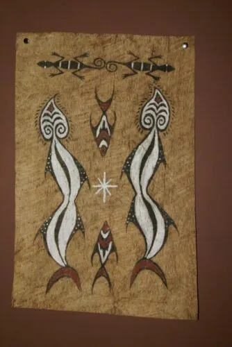 Rare Tapa Kapa Bark Cloth (Called Kapa in Hawaii), from Lake Sentani, Irian Jaya, Papua New Guinea. Hand painted with natural pigments by a Tribal Artist: Abstract Geometric Stylized Fish & Eel Motifs 16.25" x 25" (no 41)