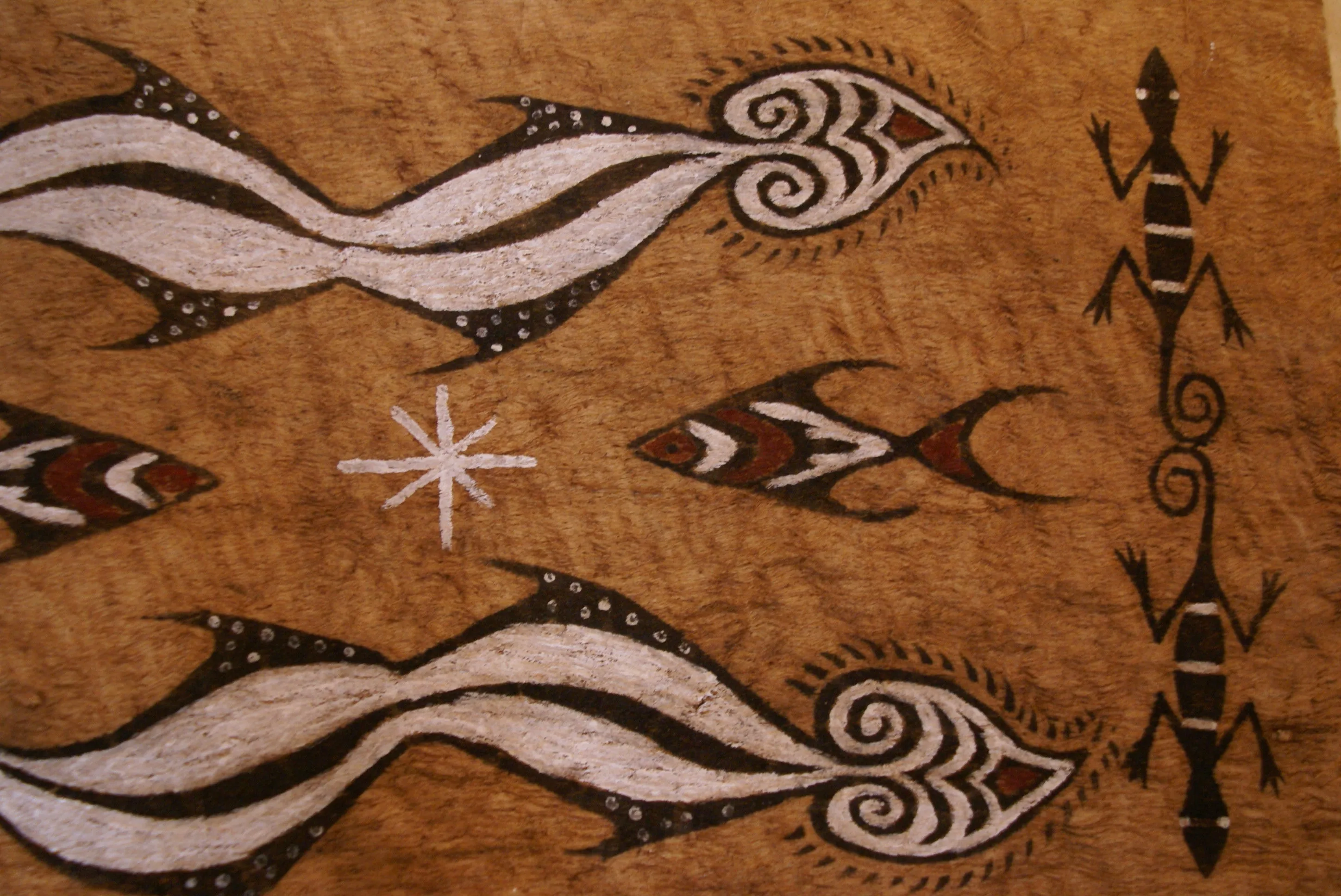 Rare Tapa Kapa Bark Cloth (Called Kapa in Hawaii), from Lake Sentani, Irian Jaya, Papua New Guinea. Hand painted with natural pigments by a Tribal Artist: Abstract Geometric Stylized Fish & Eel Motifs 16.25" x 25" (no 41)