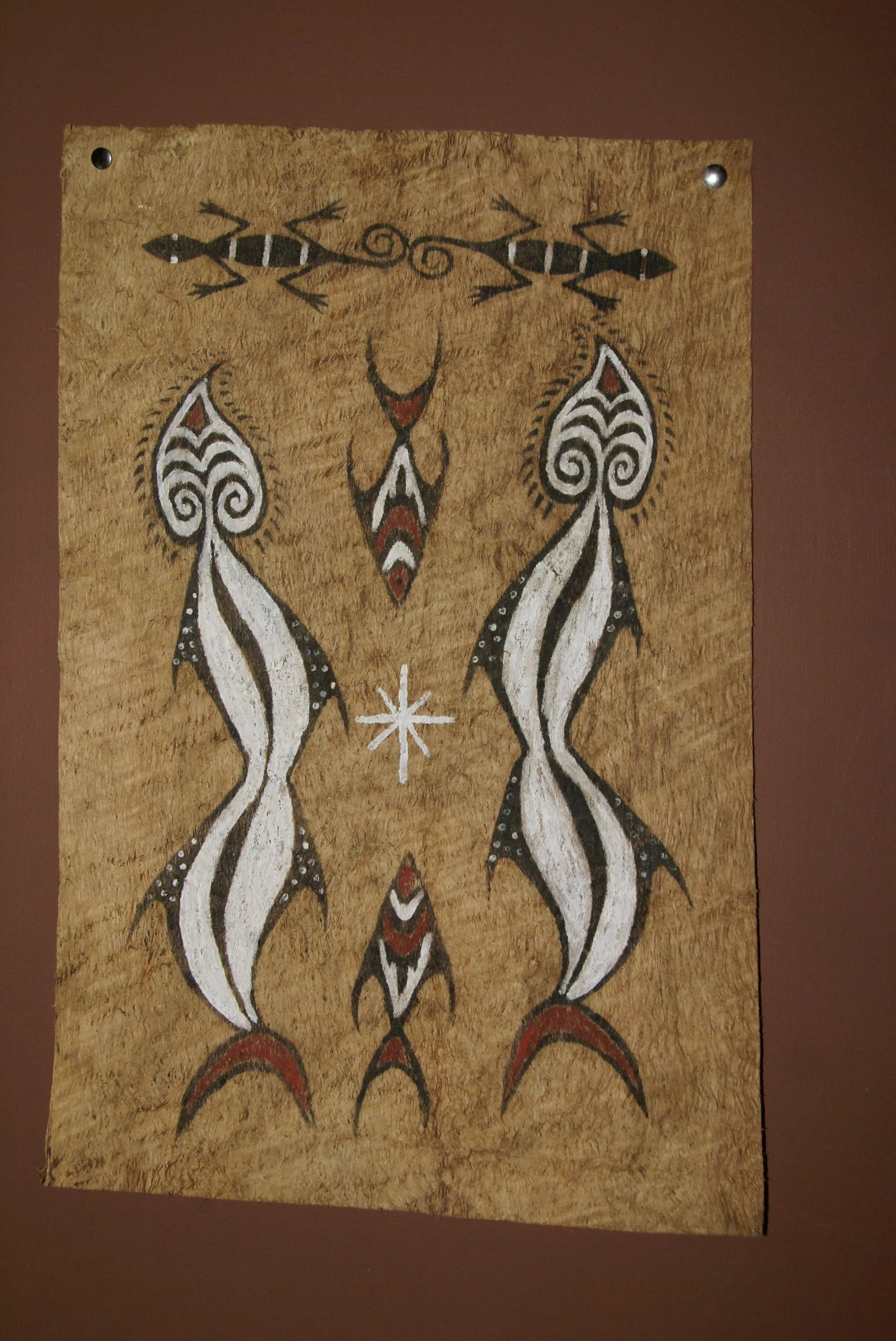 Rare Tapa Kapa Bark Cloth (Called Kapa in Hawaii), from Lake Sentani, Irian Jaya, Papua New Guinea. Hand painted with natural pigments by a Tribal Artist: Abstract Geometric Stylized Fish & Eel Motifs 16.25" x 25" (no 41)