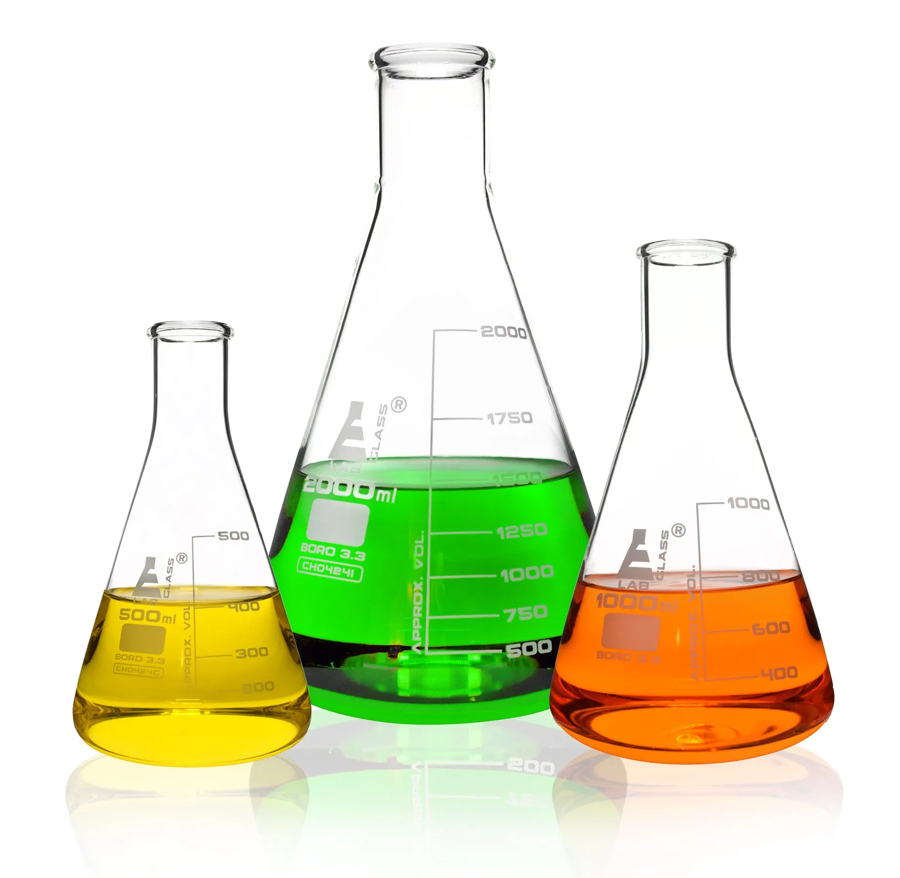 Safety Pack Erlenmeyer Flask Set - 500ml, 1000ml & 2000ml - Narrow Neck, Borosilicate 3.3 Glass