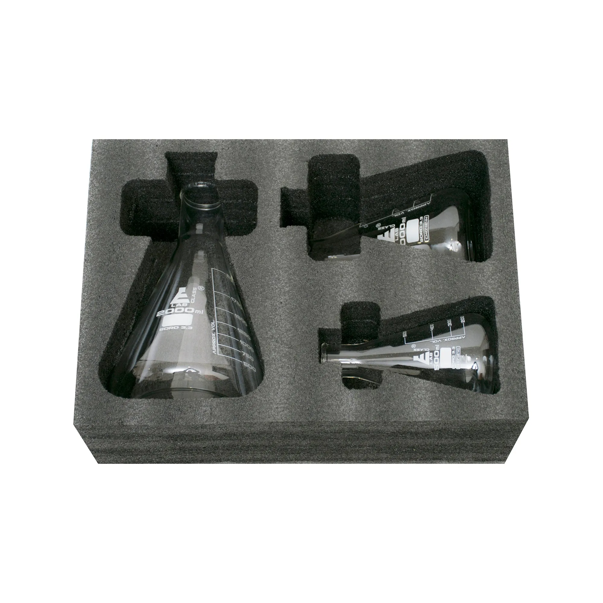 Safety Pack Erlenmeyer Flask Set - 500ml, 1000ml & 2000ml - Narrow Neck, Borosilicate 3.3 Glass