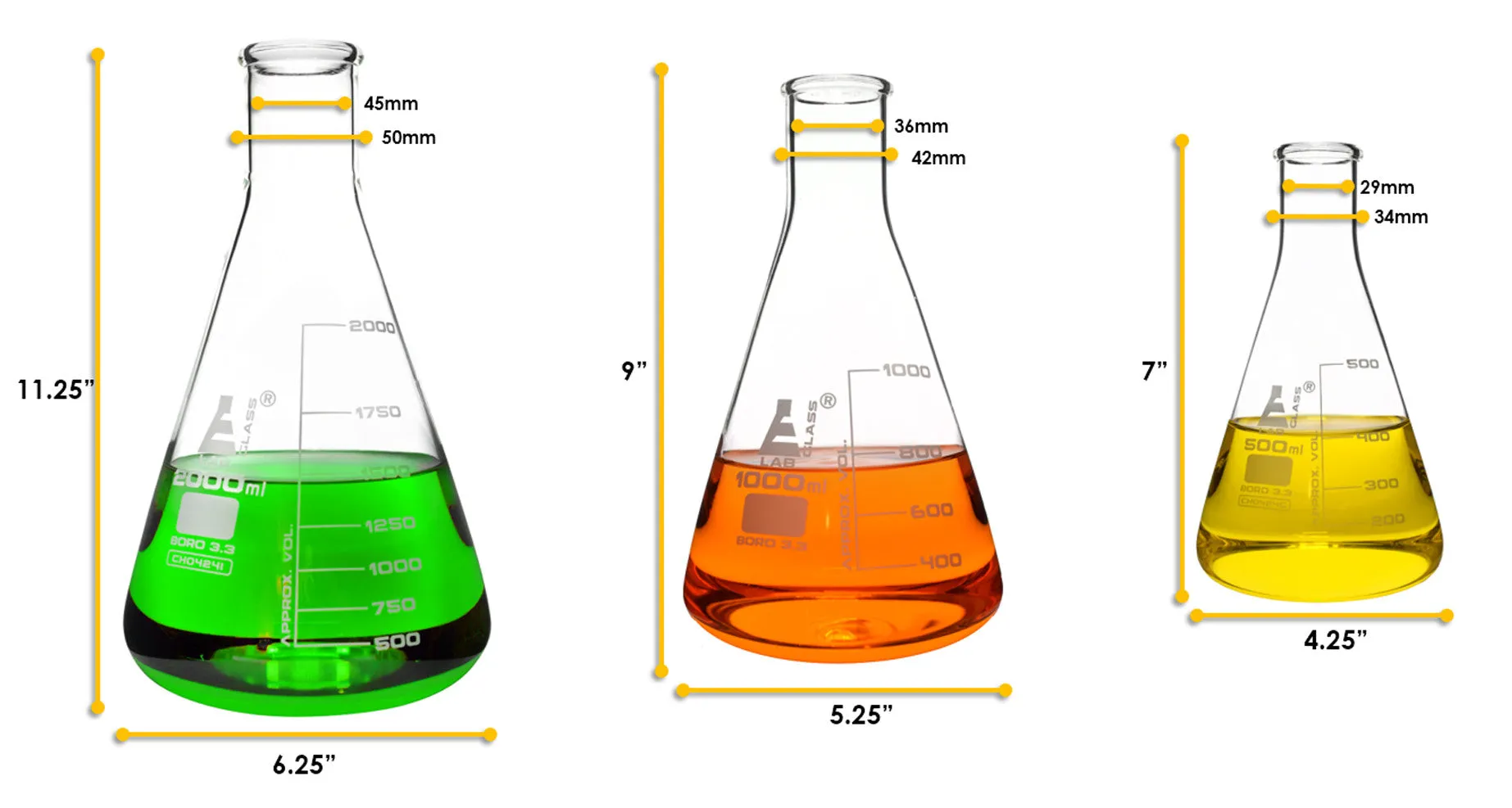 Safety Pack Erlenmeyer Flask Set - 500ml, 1000ml & 2000ml - Narrow Neck, Borosilicate 3.3 Glass