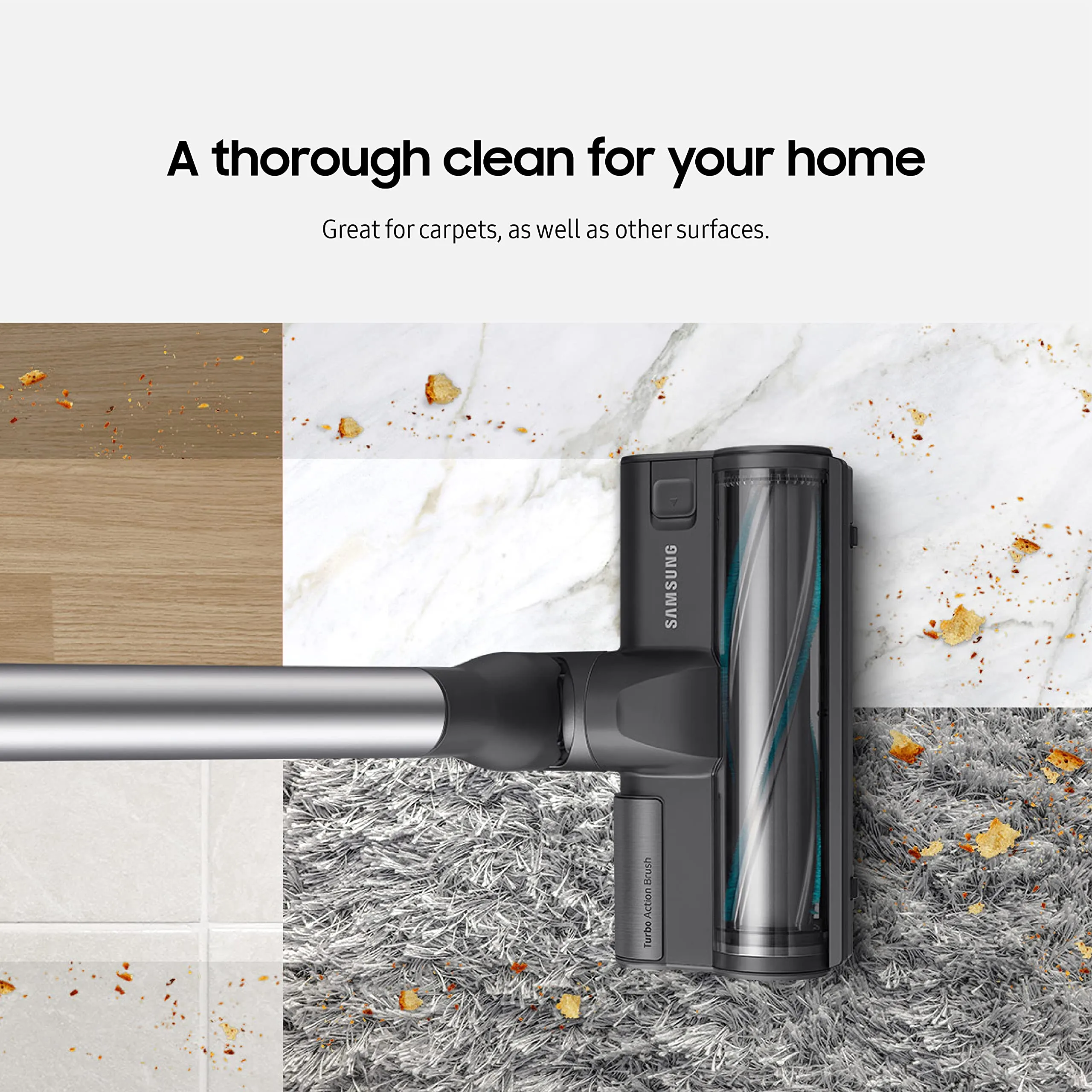 SAMSUNG Jet 75 Pet Cordless Stick Vacuum Cleaner, Lightweight w/ Turbo Brush, Mini Motorized Tool, Removable Battery, Powerful Cleaning for Hardwood Floors, Carpets, Area Rugs, VS20T7512N7/AA, Silver