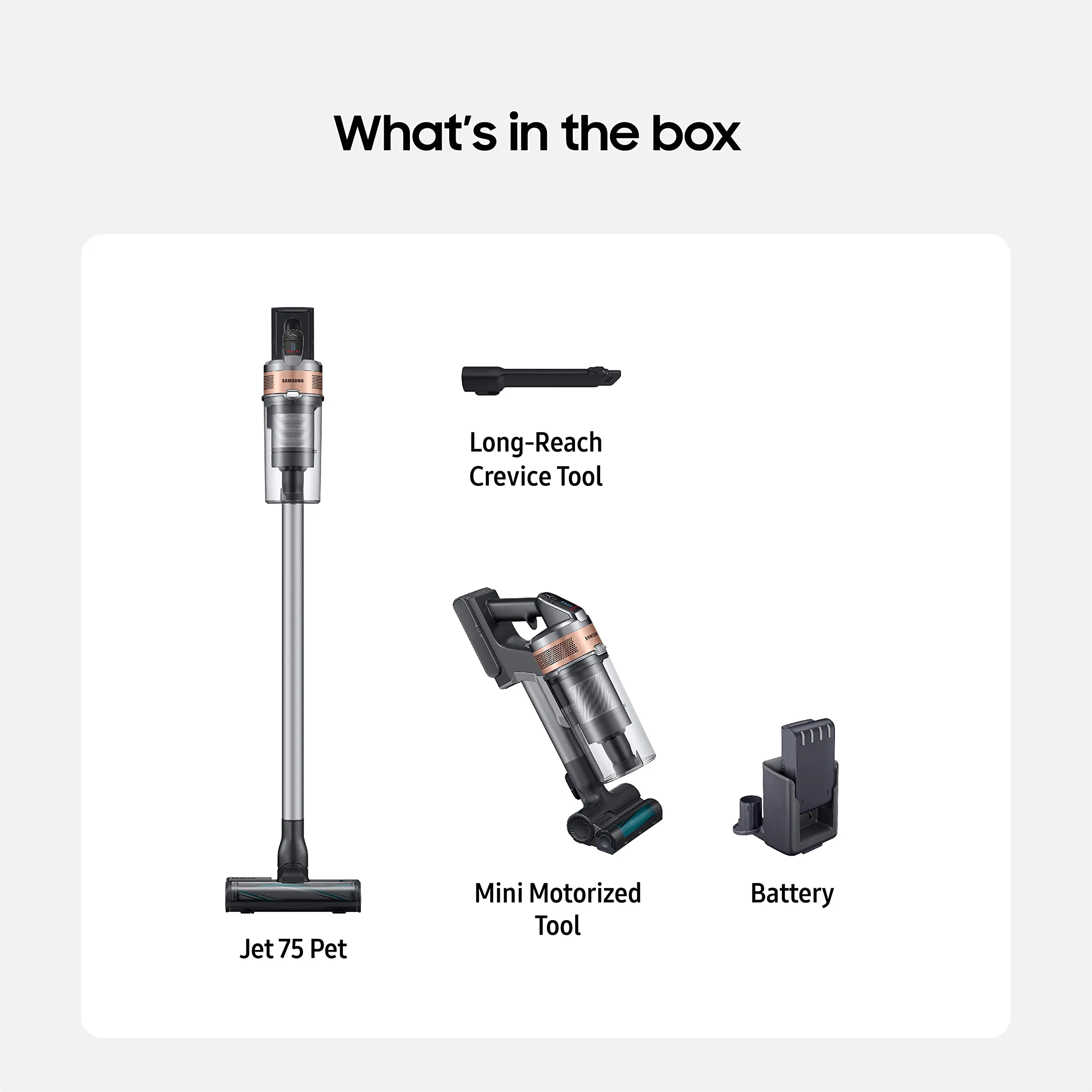 SAMSUNG Jet 75 Pet Cordless Stick Vacuum Cleaner, Lightweight w/ Turbo Brush, Mini Motorized Tool, Removable Battery, Powerful Cleaning for Hardwood Floors, Carpets, Area Rugs, VS20T7512N7/AA, Silver