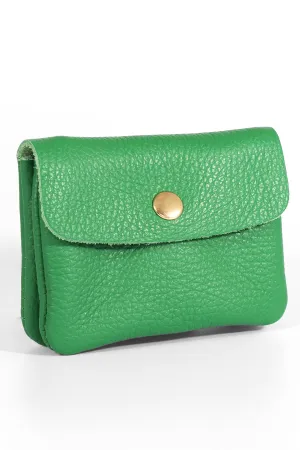 Small Italian Leather Coin Purse with Button Fastening and Internal Zip in Bright Green
