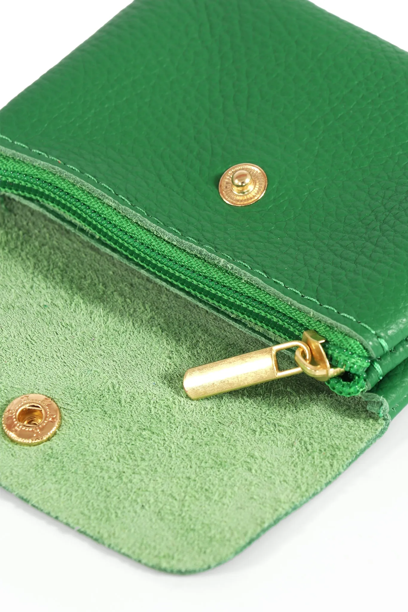 Small Italian Leather Coin Purse with Button Fastening and Internal Zip in Bright Green