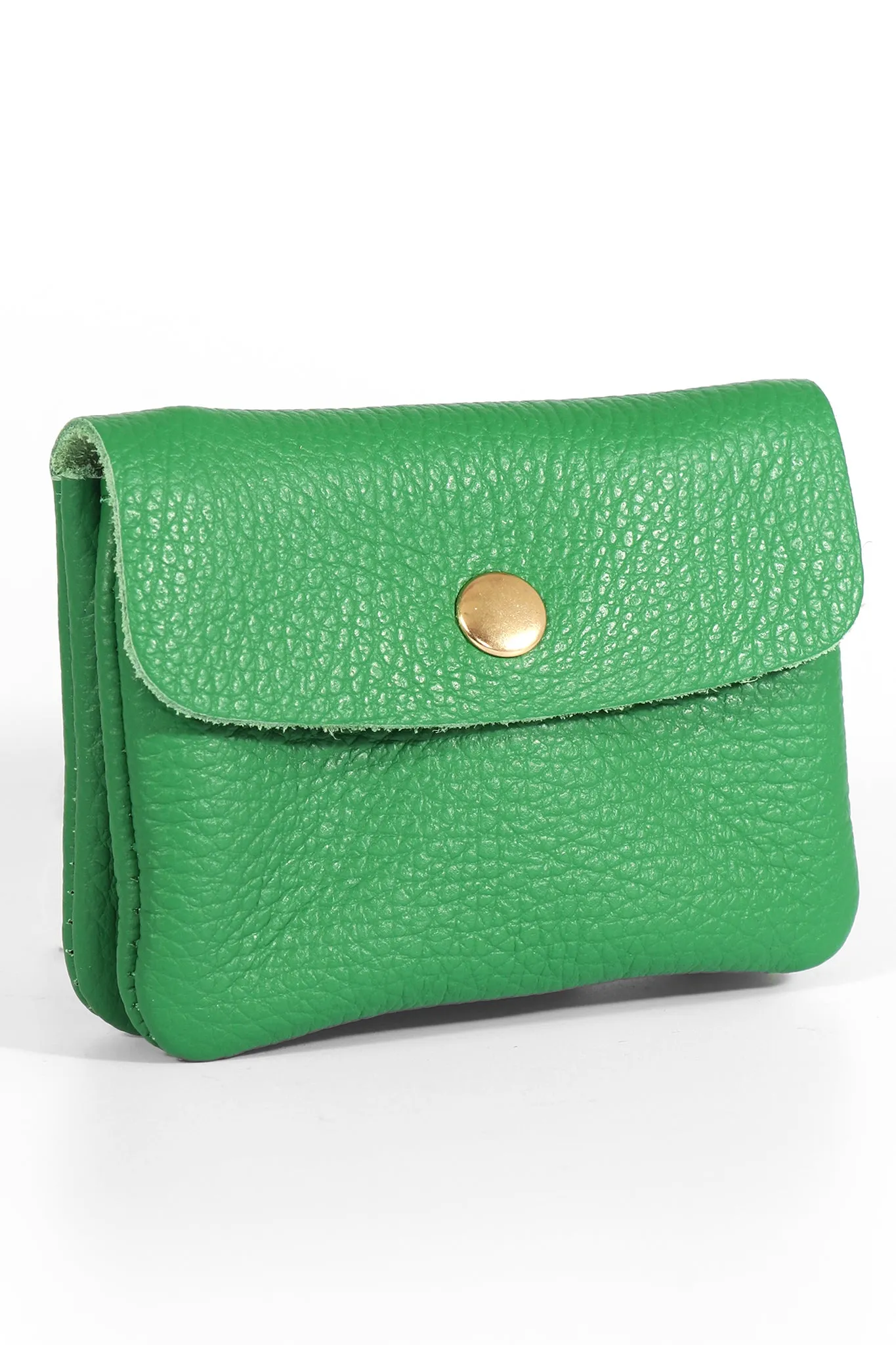 Small Italian Leather Coin Purse with Button Fastening and Internal Zip in Bright Green