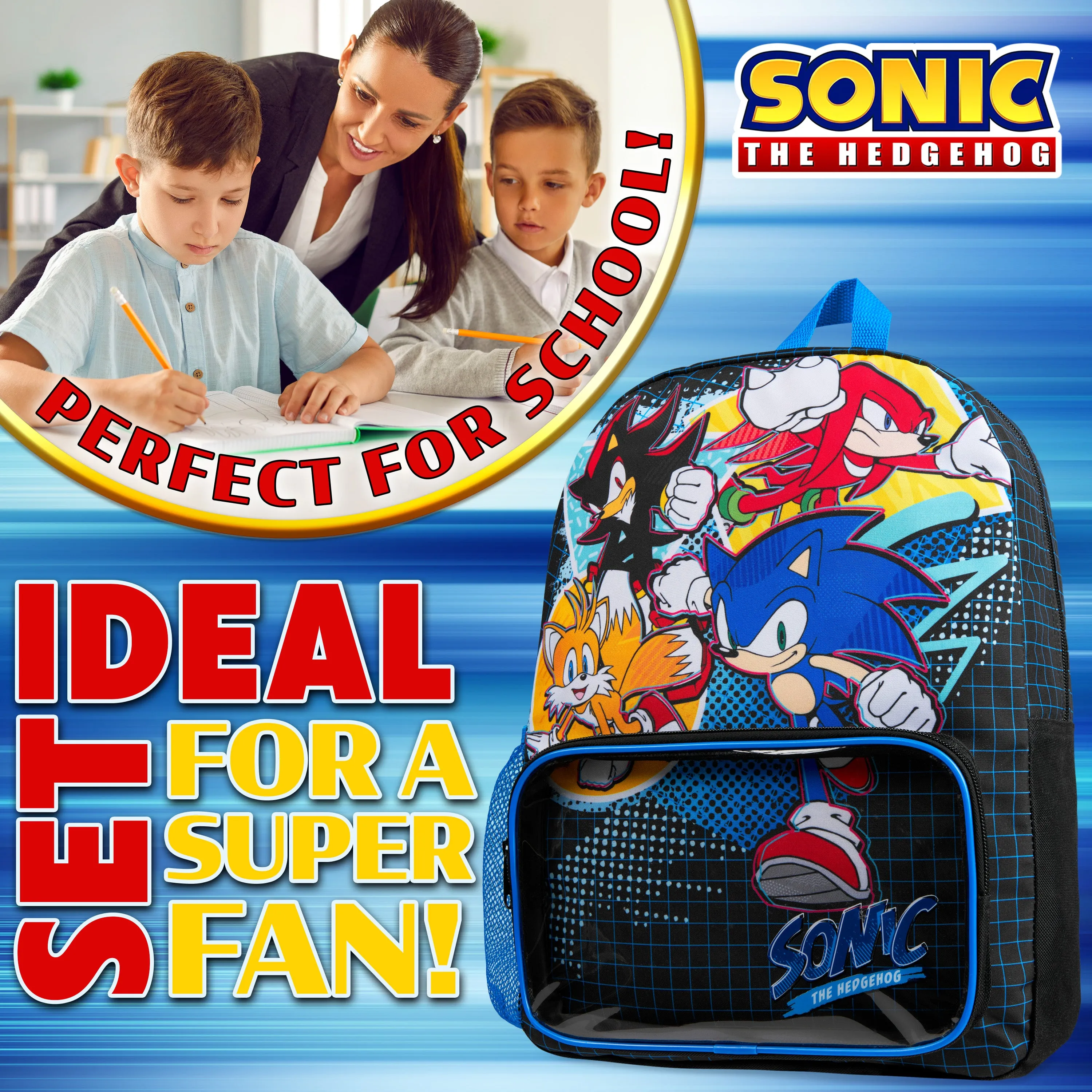 Sonic The Hedgehog School Bag Set, 4 Piece Set Backpack, Water Bottle & Accessories