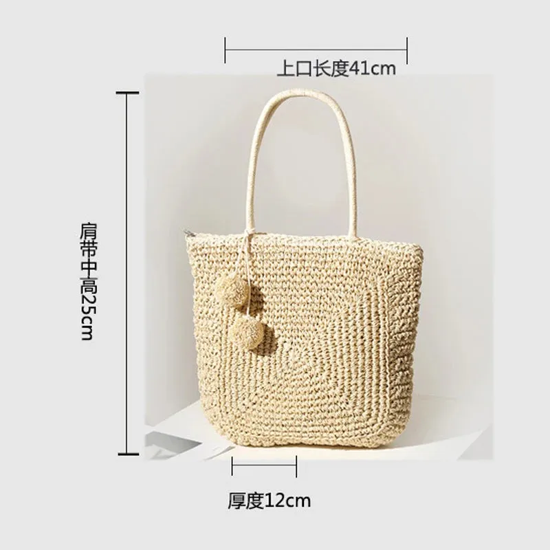TAVIMART  -  Cute fur ball straw bag new wild large-capacity hand-woven bag women's shoulder handbag beach bag