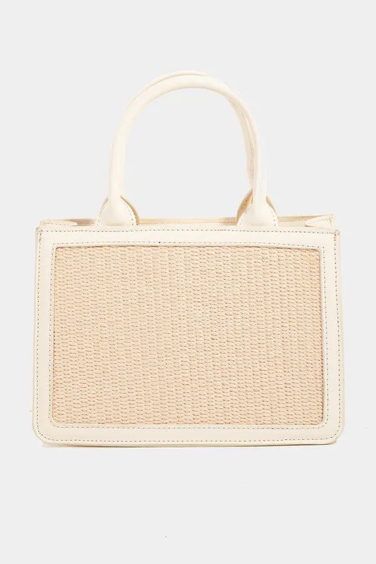 Trimmed Raffia Square Top Handle Handbag