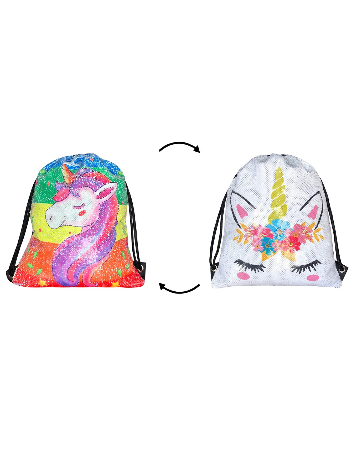 Unicorn Gifts for Girls - Unicorn Drawstring Backpack/Makeup Bag/Bracelet/Necklace/Hair Ties/Keychain/Sticker (Sequin Head-Flower 4)