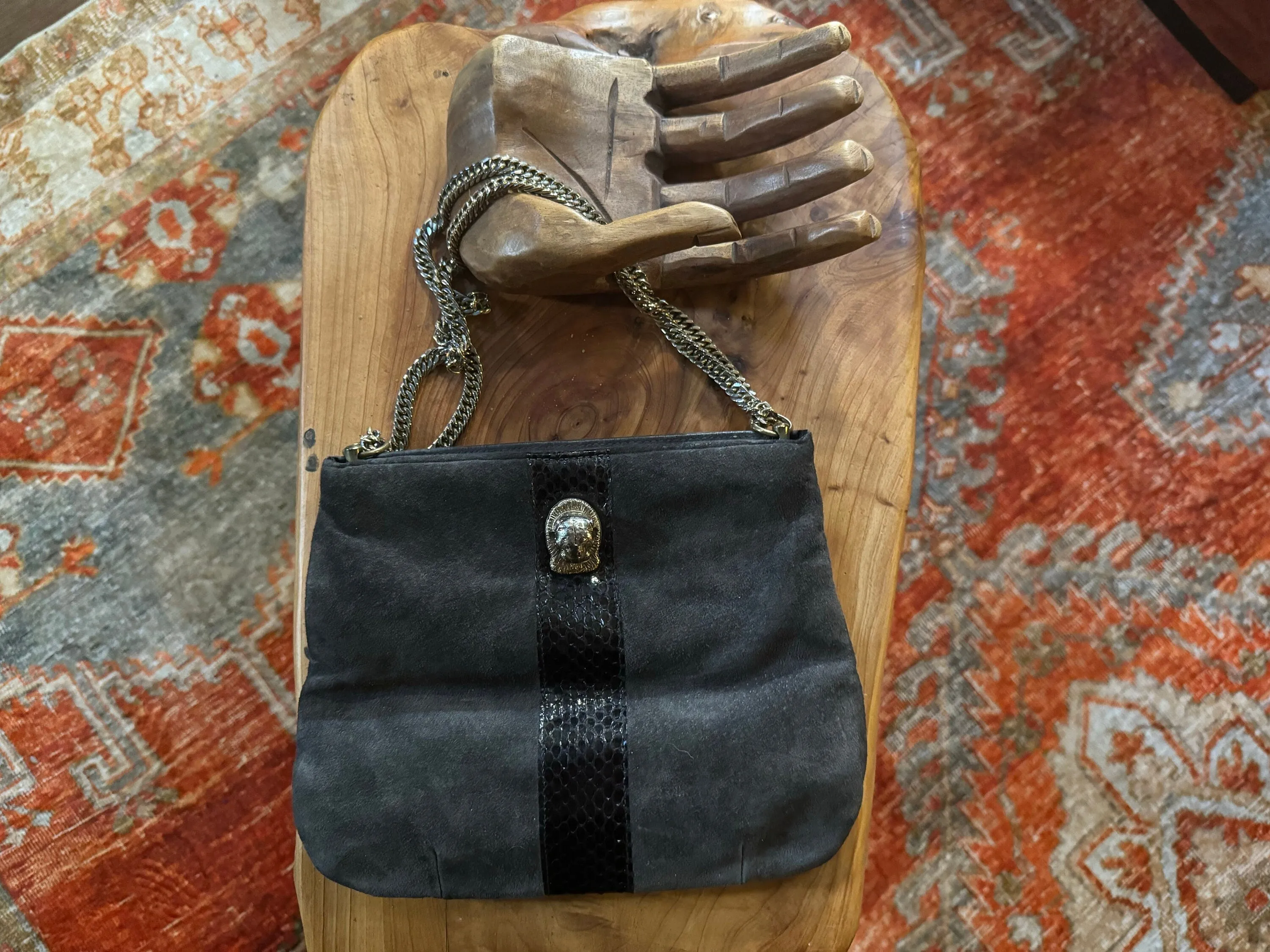 Vintage leather 80’s lion head purse gray & gold