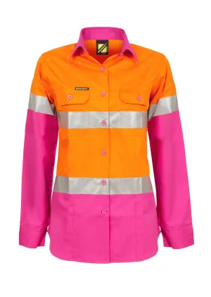 Womens Hi Vis Lightweight Long Sleeve Vented Cotton Drill Shirt with Reflective Tape (NC-WSL501)