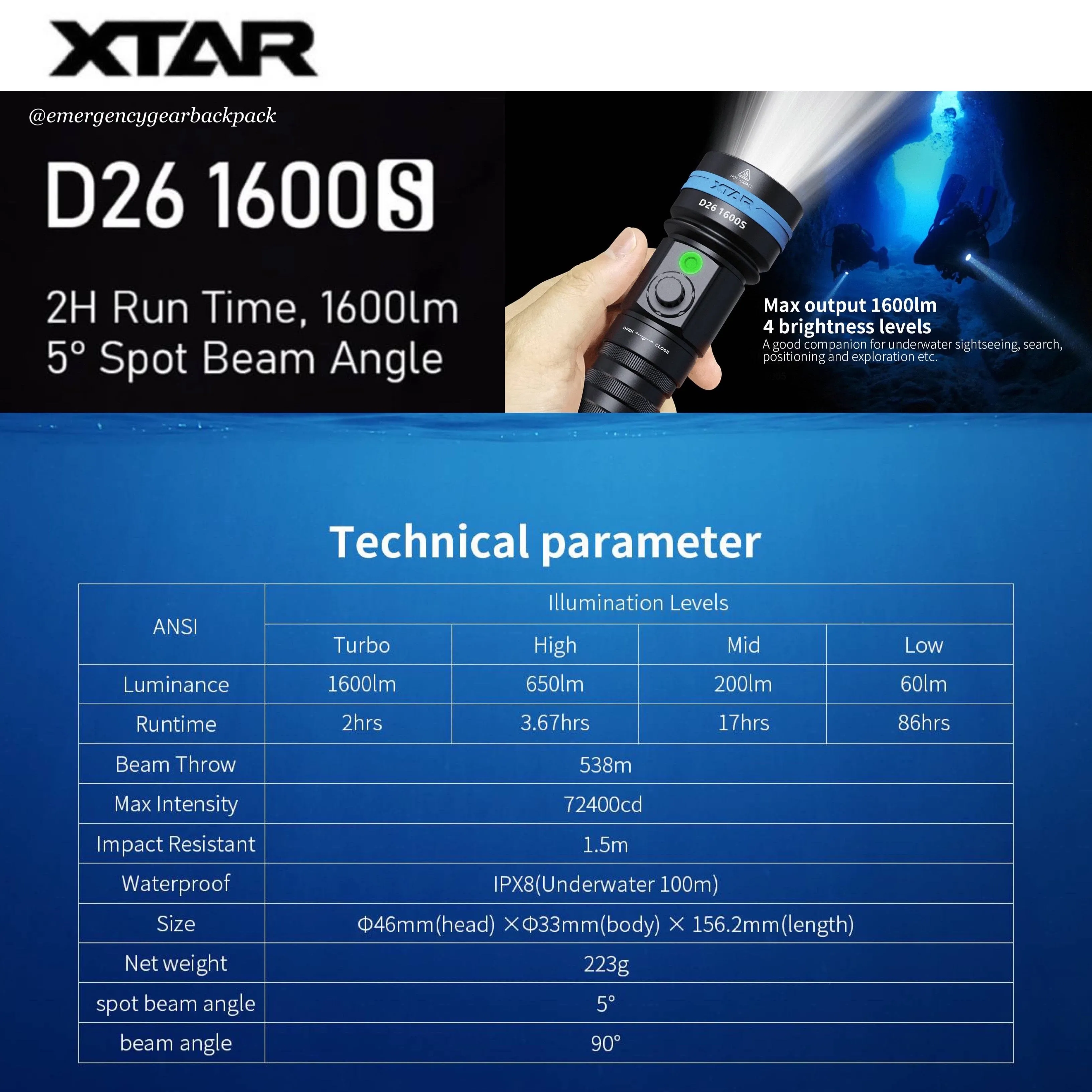 XTAR D26 1600S 100M Diving Flashlight