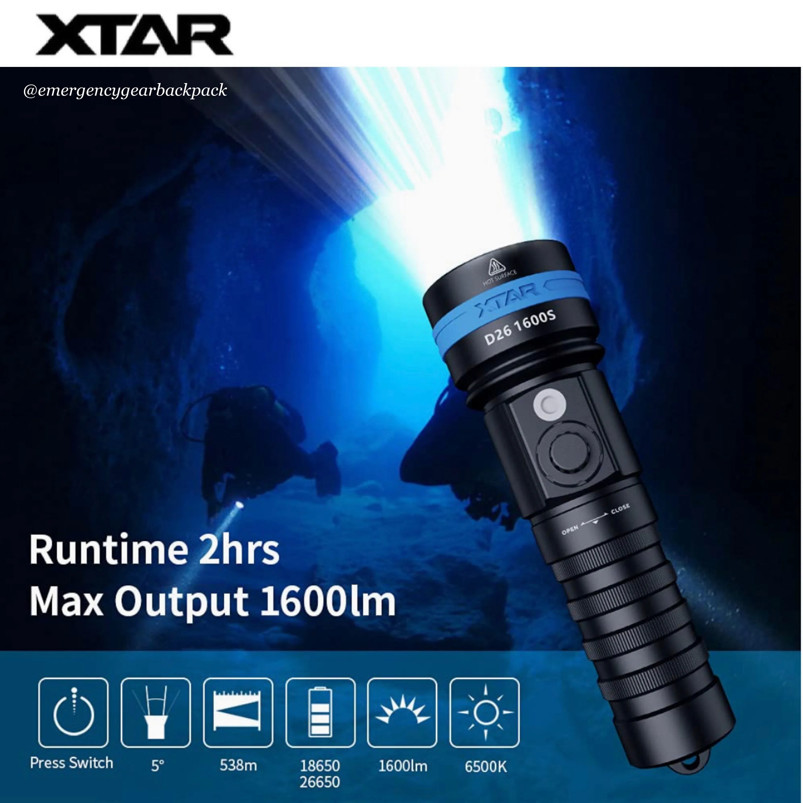 XTAR D26 1600S 100M Diving Flashlight