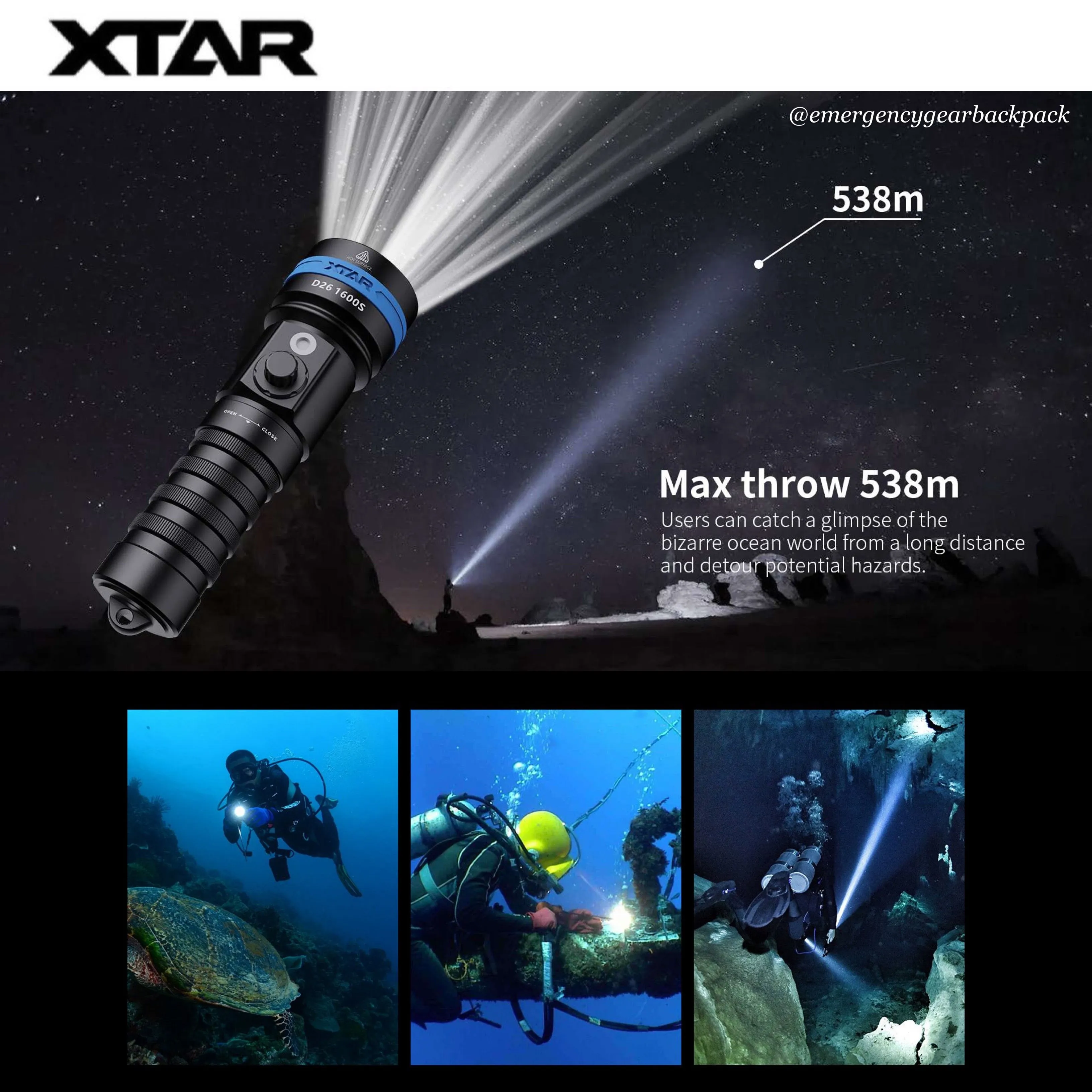XTAR D26 1600S 100M Diving Flashlight