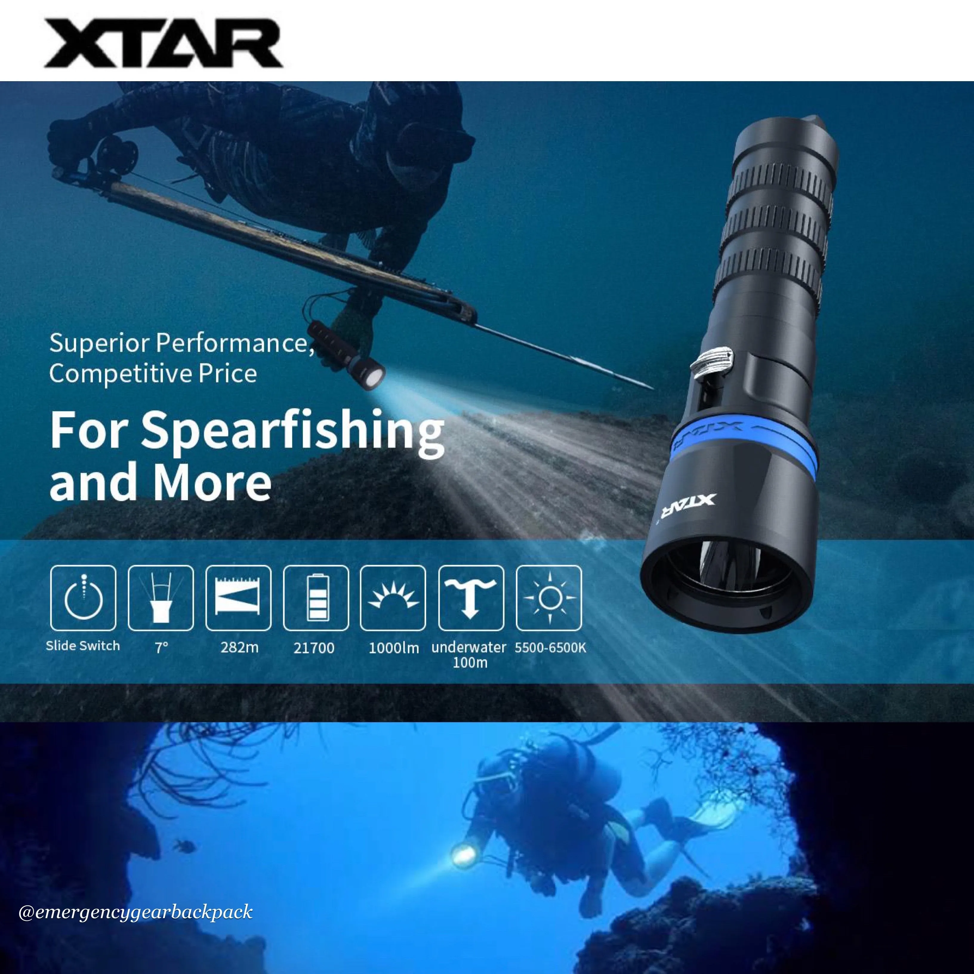 XTAR DS1 1000LMS 282M Spearfishing Diving Flashlight